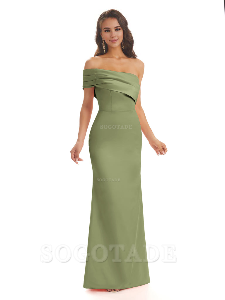 Soft Satin Sexy Side Slit One Shoulder Long Mermaid Bridesmaid Dresses Online prom dress in store
