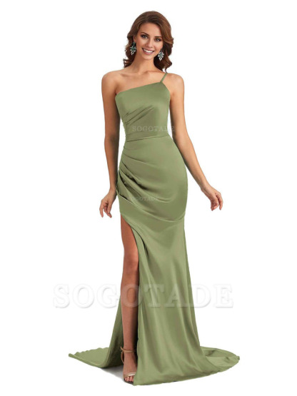 Sexy Silky Satin Side Slit One Shoulder Unique Long Wedding Guest Maxi Dresses