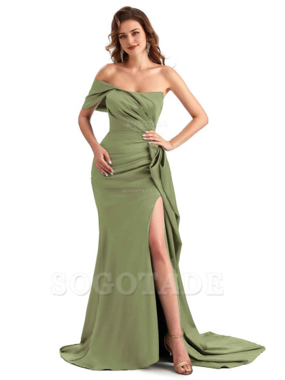 Sexy Side Slit Mermaid Silky Satin One Shoulder Chic Long Maid Of Honor Dresses