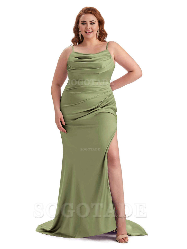 Sexy Jewel Side Slit Mermaid Soft Satin Long Plus Size Bridesmaid Dress For Wedding
