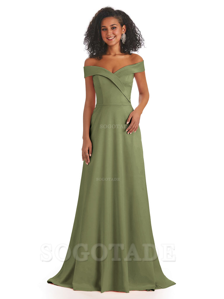 Soft Satin Off The Shoulder Long A-Line African Bridesmaid Dresses prom dress stores ﻿