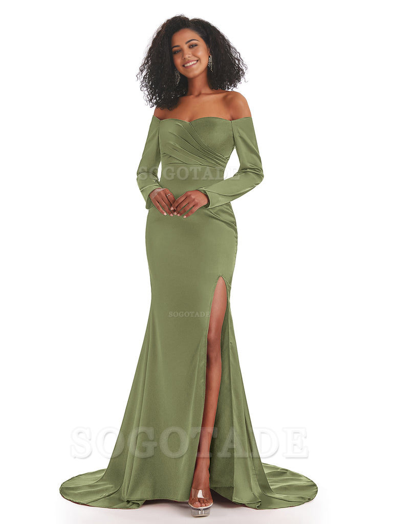 Mermaid Long Sleeve Satin formal dresses evening gown Bridesmaid Dresses With Side Slit 