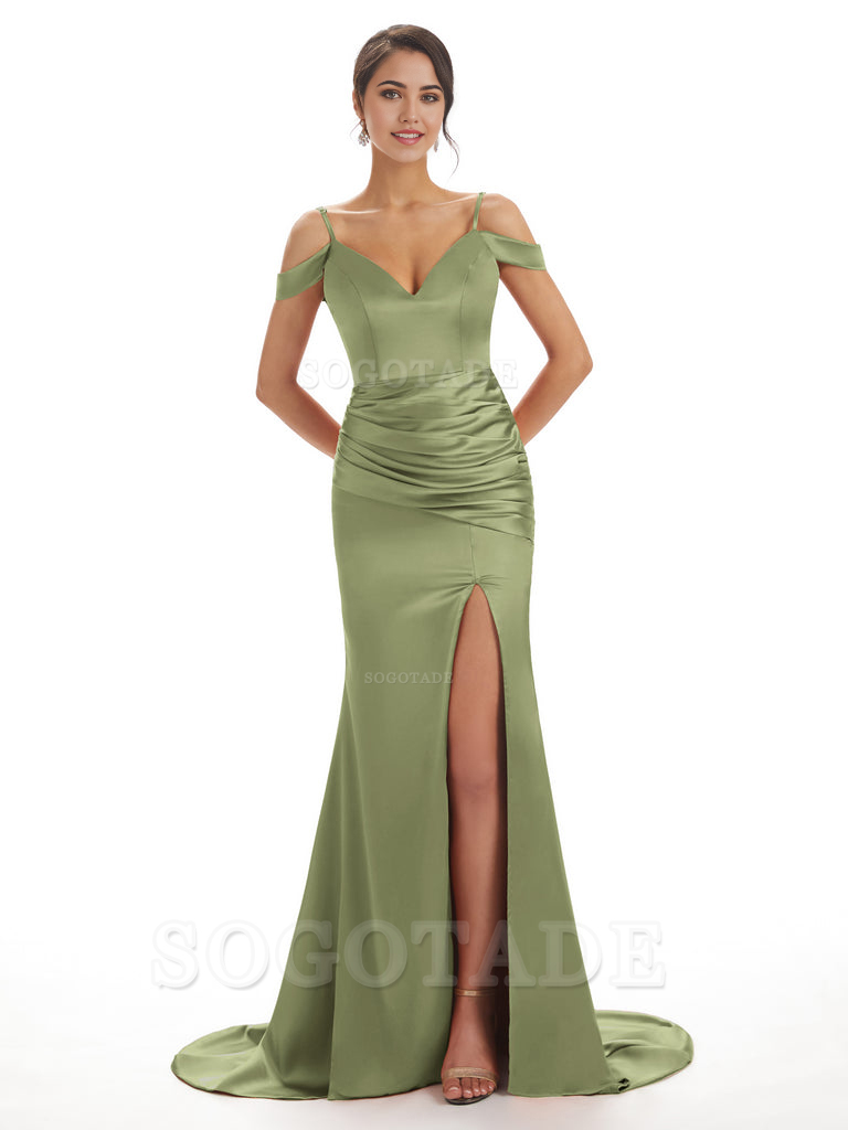Mermaid Off The Shoulder Satin formal dresses evening gown Bridesmaid Dresses With Side Slit 