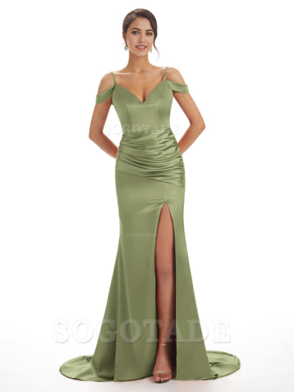 Mermaid Off The Shoulder Satin formal dresses evening gown Bridesmaid Dresses With Side Slit 