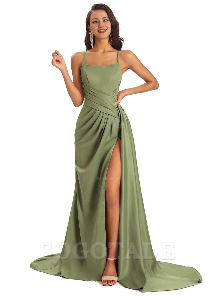 Sexy Soft Satin Side Slit Spaghetti Straps Long Maxi Bridesmaid Dresses prom shop dresses