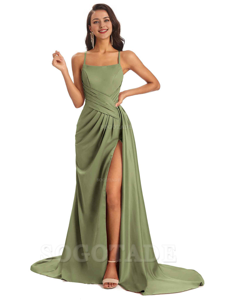 Sexy Soft Satin Side Slit Spaghetti Straps Long Maxi Bridesmaid Dresses prom shop dresses