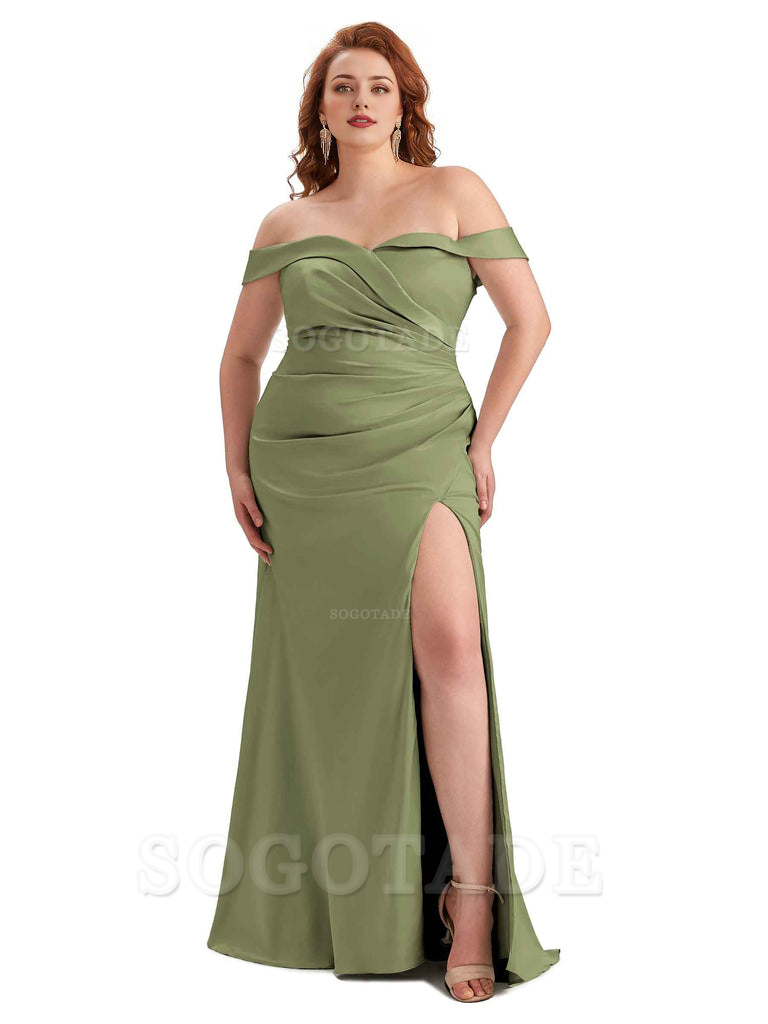 Sexy Side Slit Off Shoulder Mermaid Soft Satin Long Plus Size Bridesmaid Gowns For Wedding