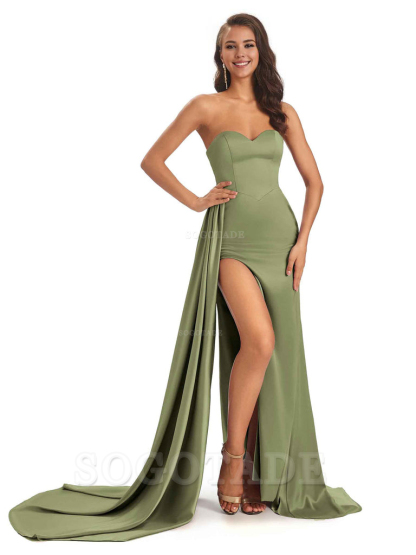 Sexy Soft Satin Sweetheart Side-Slit Unique Long Mermaid Bridesmaid Dresses prom shop dresses