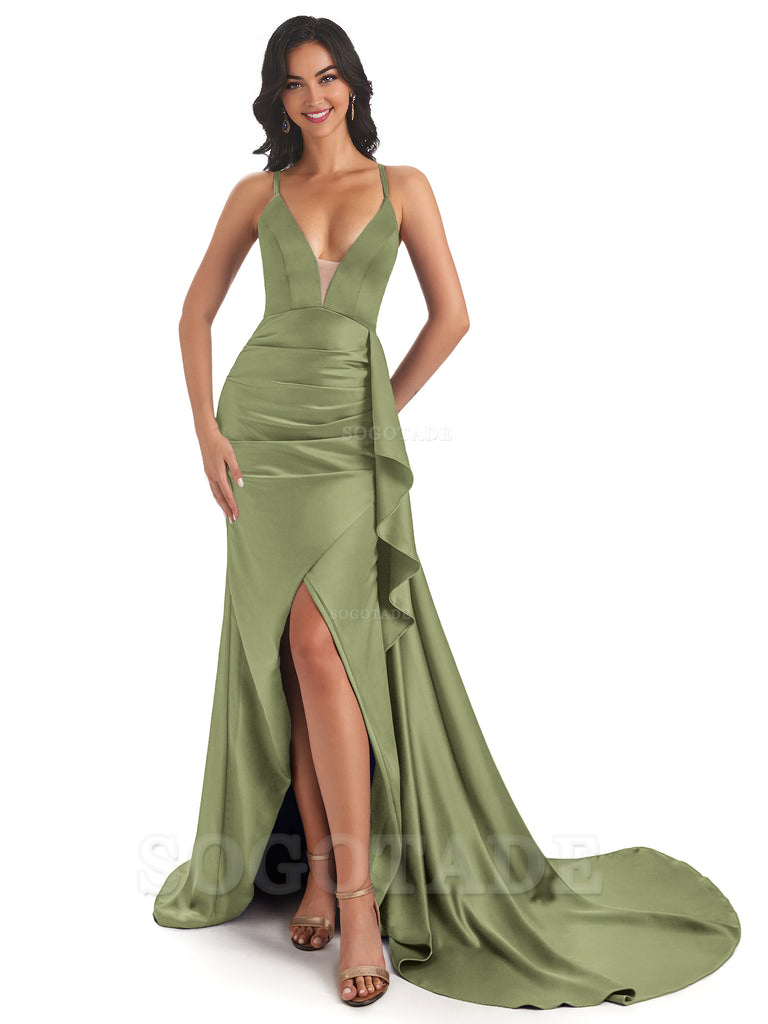 Sexy Spaghetti Straps Soft Satin Side Slit Pleats Unique Mermaid Bridesmaid Dresses prom shop dresses ﻿
