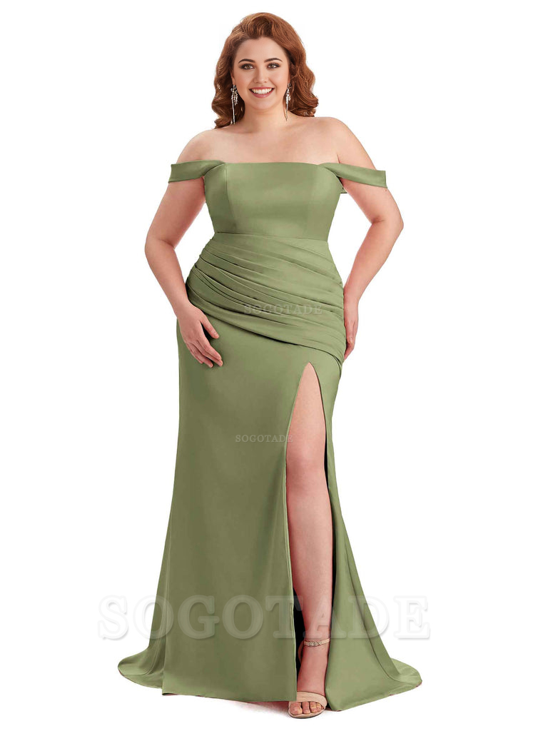  Sexy Off Shoulder Side Hight Slit Sleeveless Mermaid Soft Satin Long Plus Size Bridesmaid Dress For Wedding