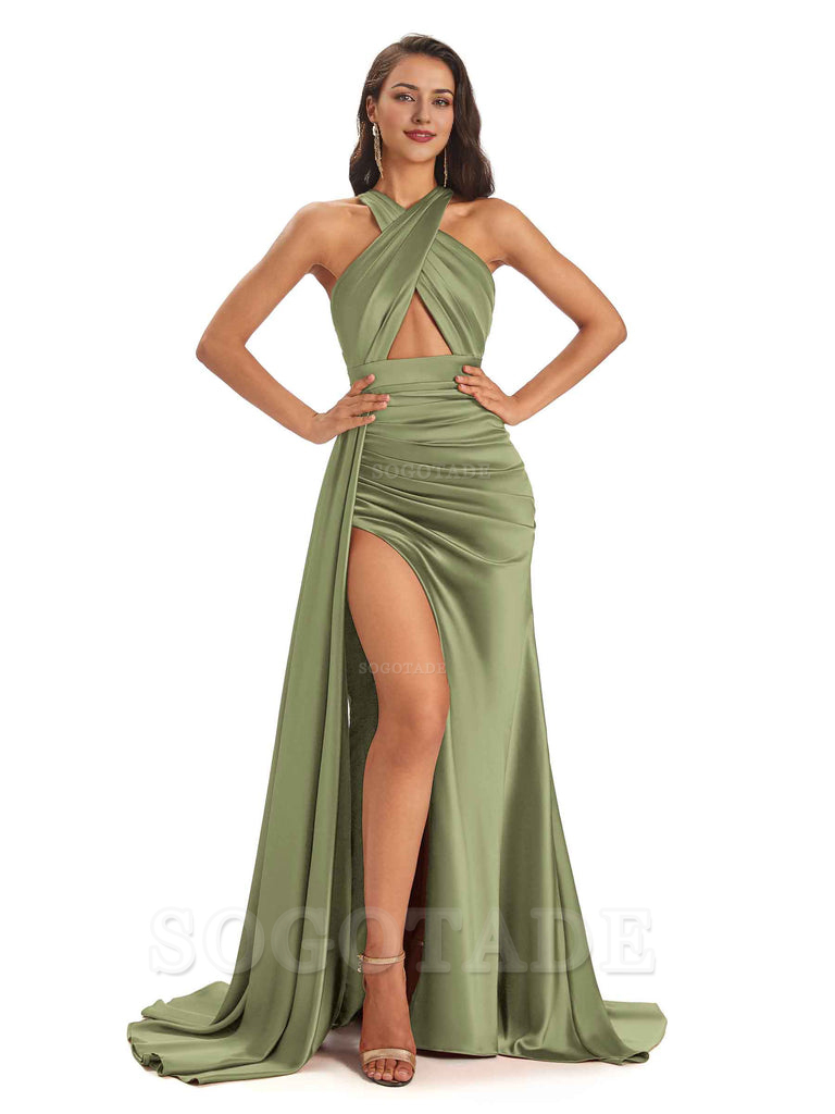 Sexy Soft Satin Halter Side Slit Floor-Length Maxi Mermaid Bridesmaid Dresses Online prom dress shop ﻿