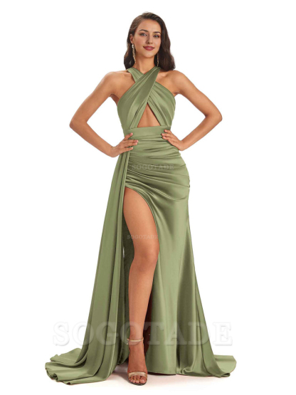 Sexy Soft Satin Halter Side Slit Floor-Length Maxi Mermaid Bridesmaid Dresses Online prom dress shop ﻿