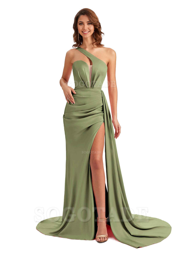 Mermaid One Shoulder Satin formal dresses evening gown Bridesmaid Dresses With Side Slit