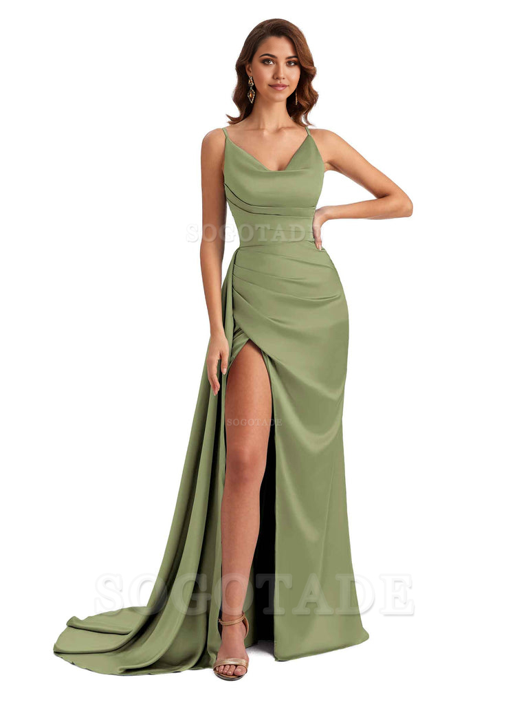 Mermaid Cowl Spaghetti Satin formal dresses evening gown Bridesmaid Dresses With Side Slit