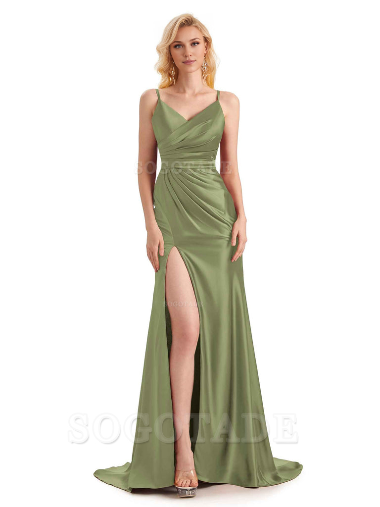 Sexy Charming Side Slit V-Neck Pleated Spaghetti Straps Backless Satin Bridesmaid Dresses Formal Women's Dresses Wedding Guests Dresses