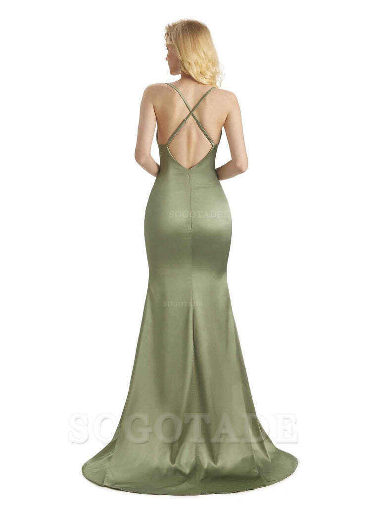 Elegant Soft Satin Criss Cross Long Mermaid Bridesmaid Dresses Charming Evening Party Dress