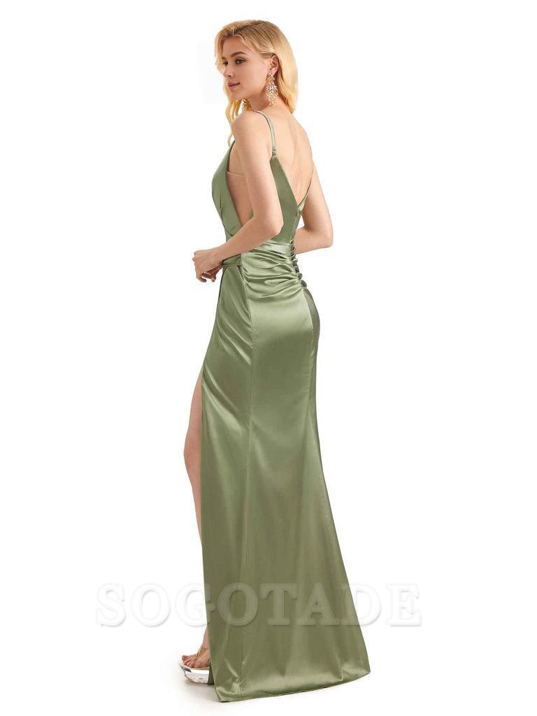 Sexy Satin Side Slit V-Neck Long Mermaid Bridesmaid Dresses with Front Slit