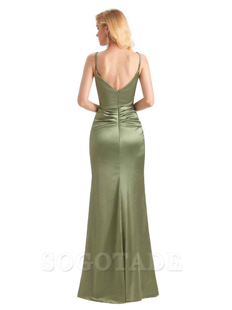 Sexy Satin Side Slit V-Neck Long Mermaid Bridesmaid Dresses with Front Slit