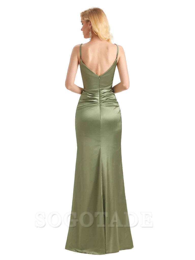 Sexy Satin Side Slit V-Neck Long Mermaid Bridesmaid Dresses with Front Slit