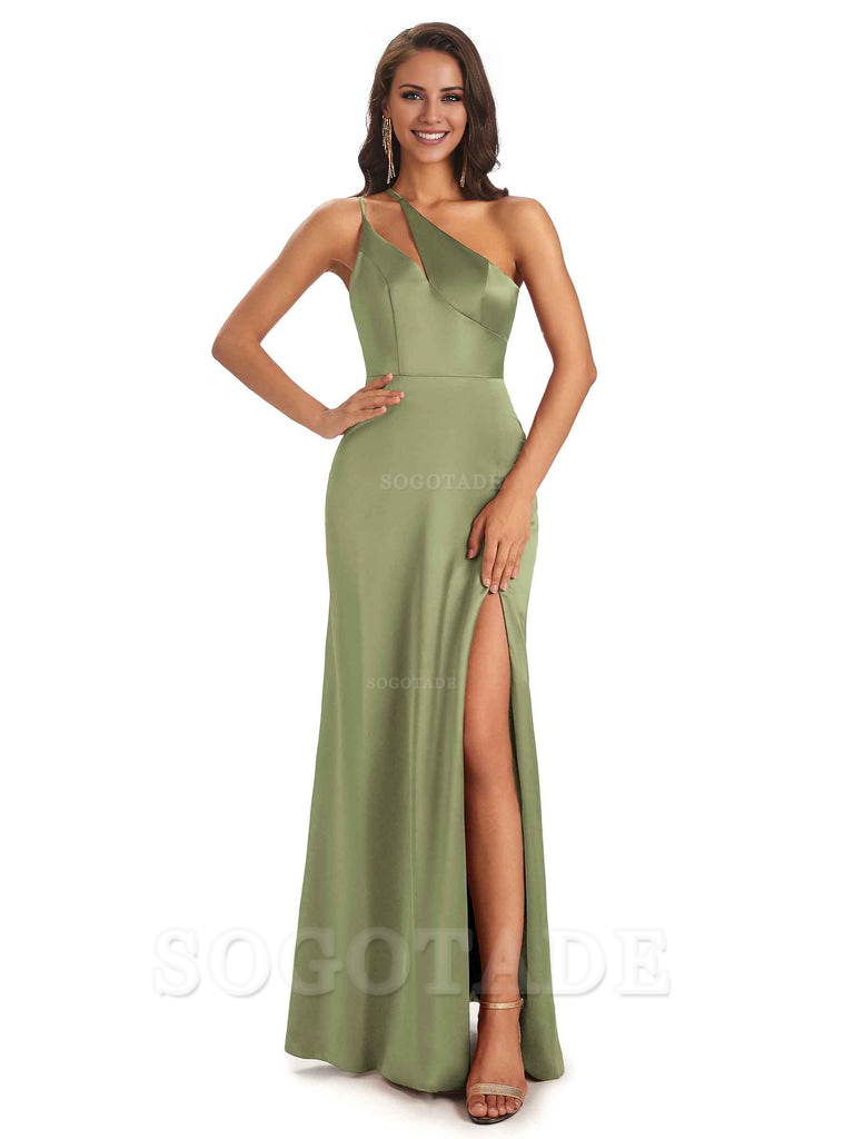 Sexy Soft Satin Side Slit One Shoulder Floor-Length Mermaid Long Bridesmaid Dresses Elegant Evening Party Dress