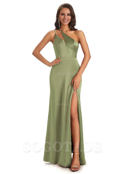 Sexy Soft Satin Side Slit One Shoulder Floor-Length Mermaid Long Bridesmaid Dresses Elegant Evening Party Dress