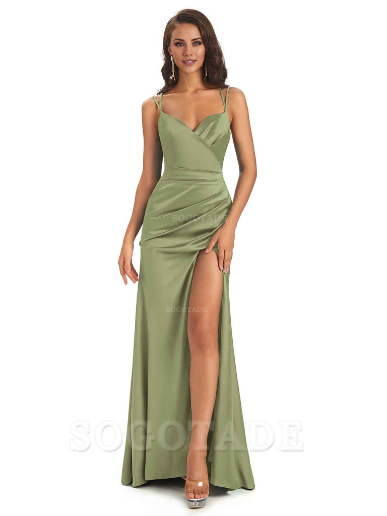 Sexy Soft Satin Side Slit Spaghetti Straps Long Maxi Mermaid Bridesmaid Dresses Elegant Evening Party Dress