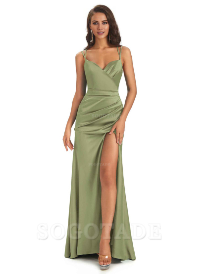 Sexy Soft Satin Side Slit Spaghetti Straps Long Maxi Mermaid Bridesmaid Dresses Elegant Evening Party Dress