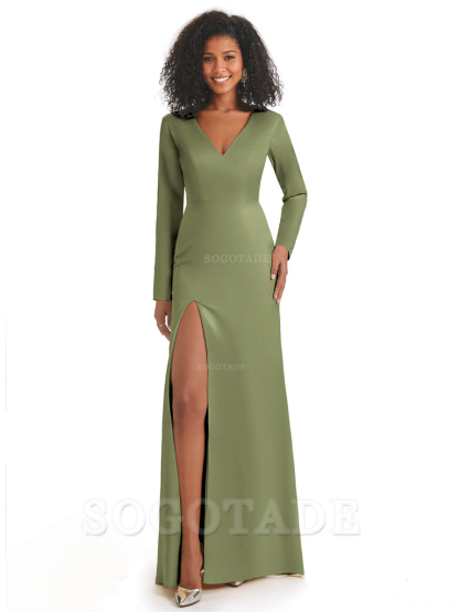 Soft Satin Side Slit Long Sleeves V-Neck Long African Mermaid Bridesmaid Dresses Elegant Evening Party Dress