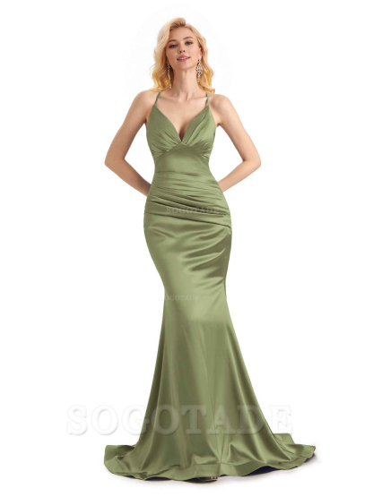 Elegant Soft Satin Mermaid Spaghetti Straps V-Neck Backless Long Bridesmaid Dresses Charming Evening Party Dress