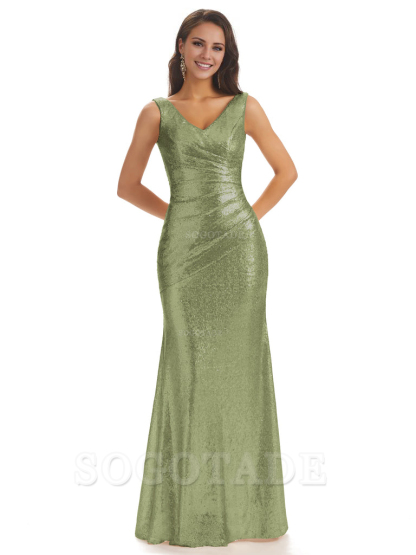 Sexy Sequin V-Neck Sparkly Long Mermaid Bridesmaid Dresses Charming Evening Party Dress
