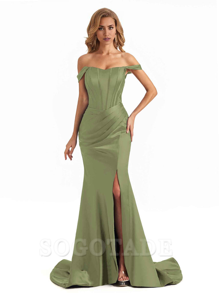 Sexy Long Mermaid Bridesmaid Dresses Off The Shoulder with Side Slit Satin Elegant Evening Party Dress 