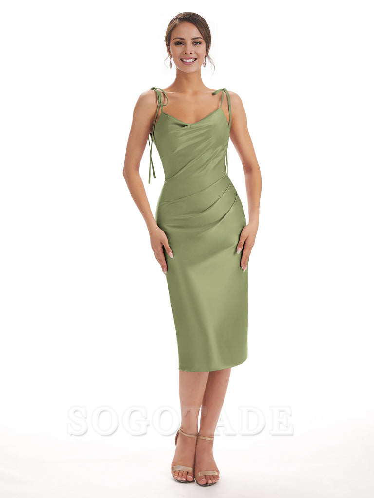 Tea Length Midi Short Bridesmaid Dresses Spaghetti Straps Satin Elegant Evening Party Dress