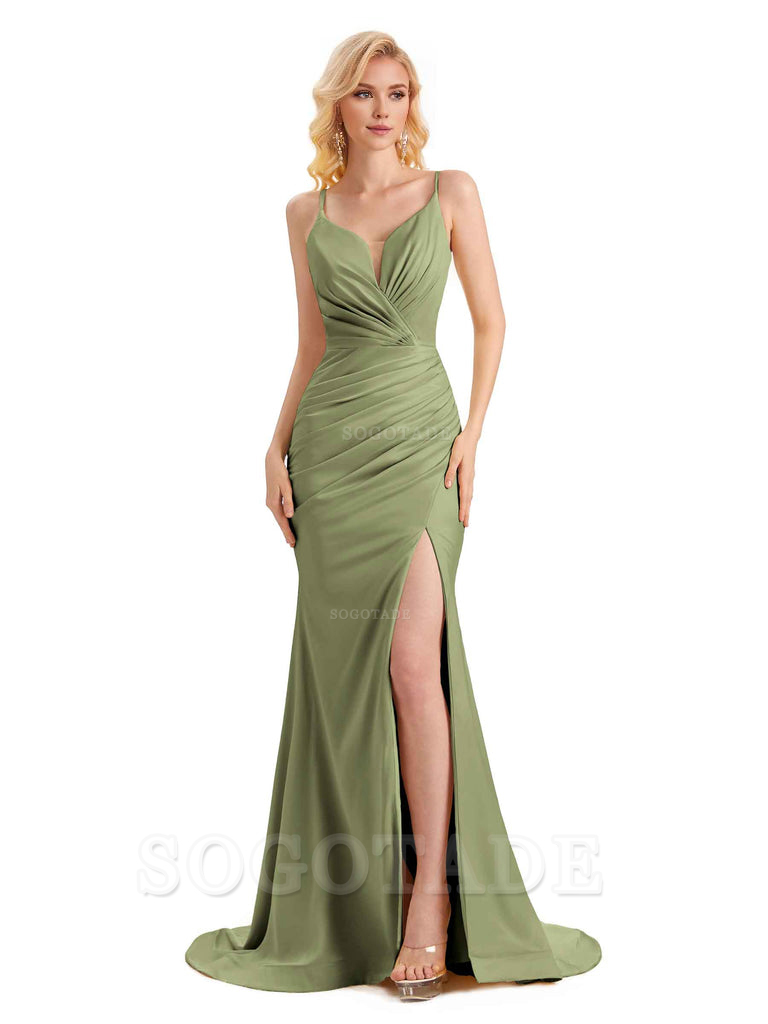 Sexy Side Slit Mermaid Spaghetti Straps Long Satin Bridesmaid Dresses Elegant Evening Party Dress