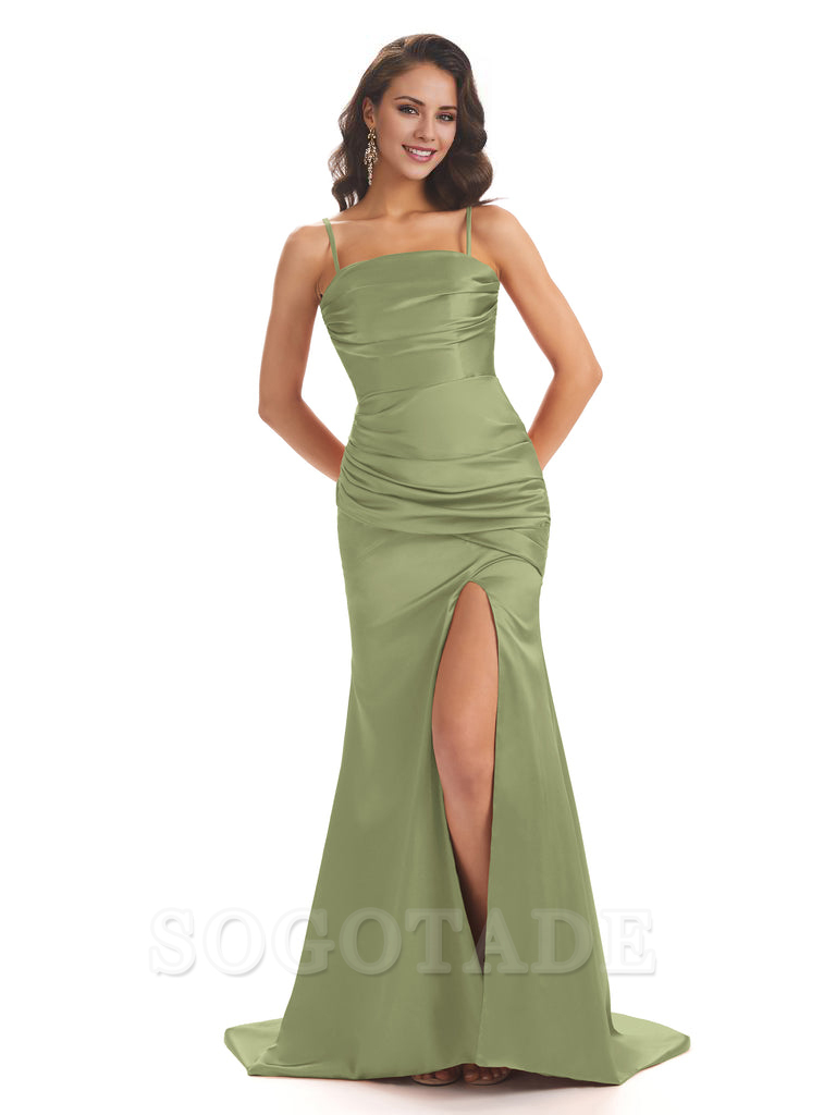 Sexy Mermaid Modern Bridesmaid Dresses Satin Spaghetti Straps with Side Slit Charming Evening Party Dress