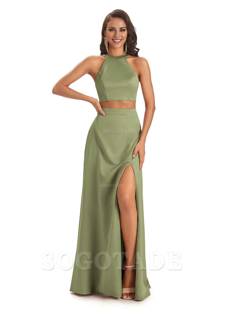 Soft Satin Two-Pieces Halter Side Slit Sexy Fashion Bridesmaid Dresses Charming Evening Party Dress