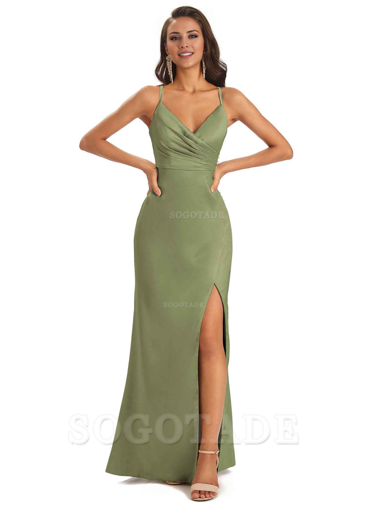 Soft Satin Side Slit Spaghetti Straps Long Unique Mermaid Bridesmaid Dresses Elegant Evening Party Dress