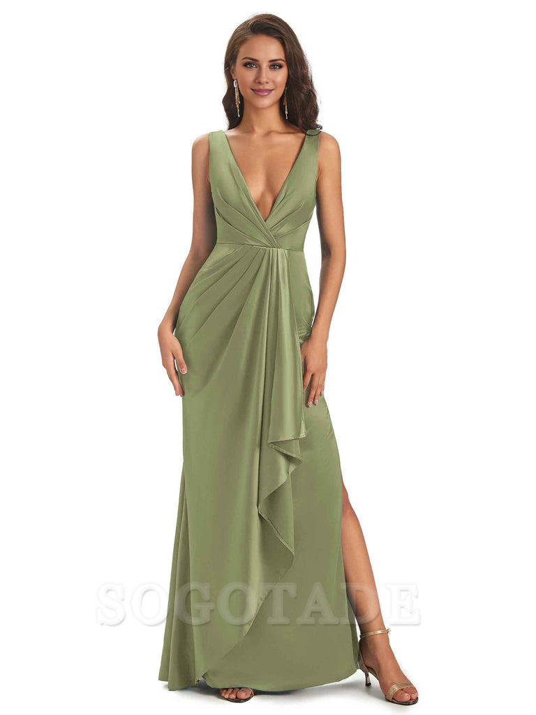 Sexy Satin V-Neck Floor-Length Long Bridesmaid Dresses with Side Slit Elegant Evening Party Dress