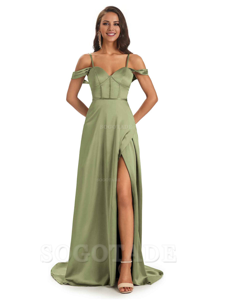 Stylish Soft Satin Side Slit Spaghetti Straps Bridesmaid Dresses Elegant Evening Party Dress