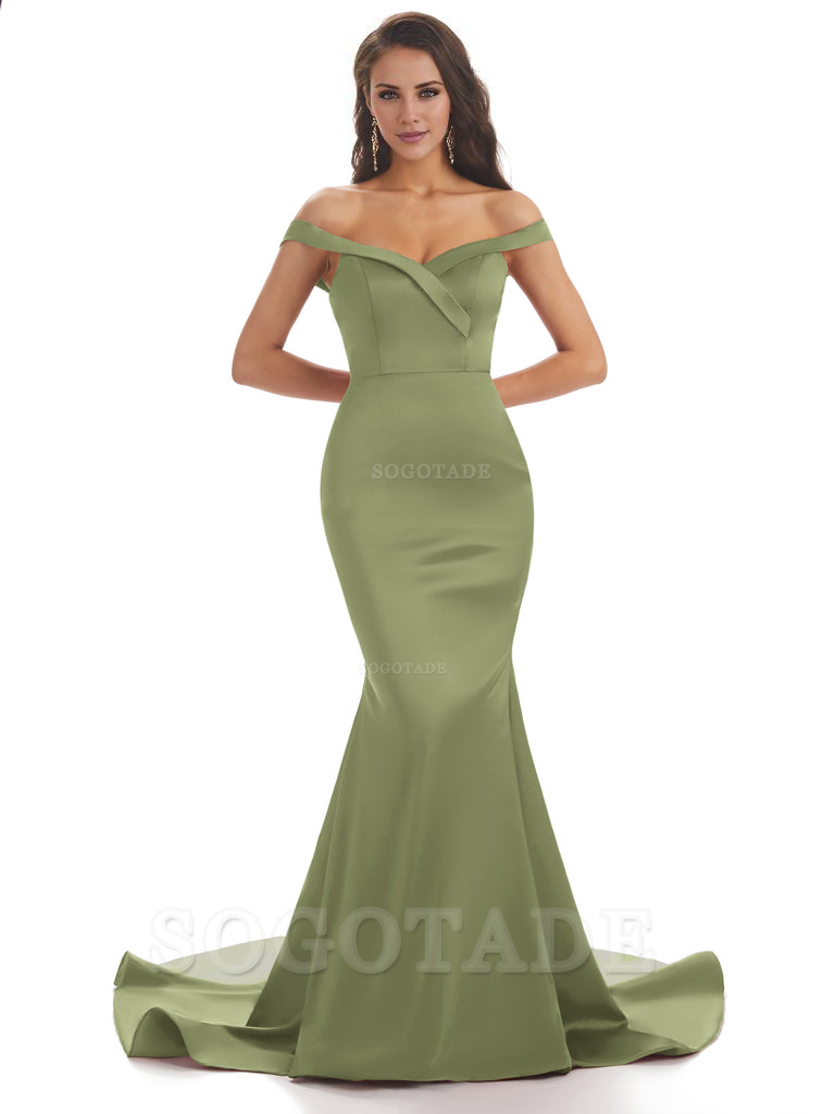 Elegant Off The Shoulder Soft Satin Mermaid Long Bridesmaid Dresses Charming Evening Party Dress