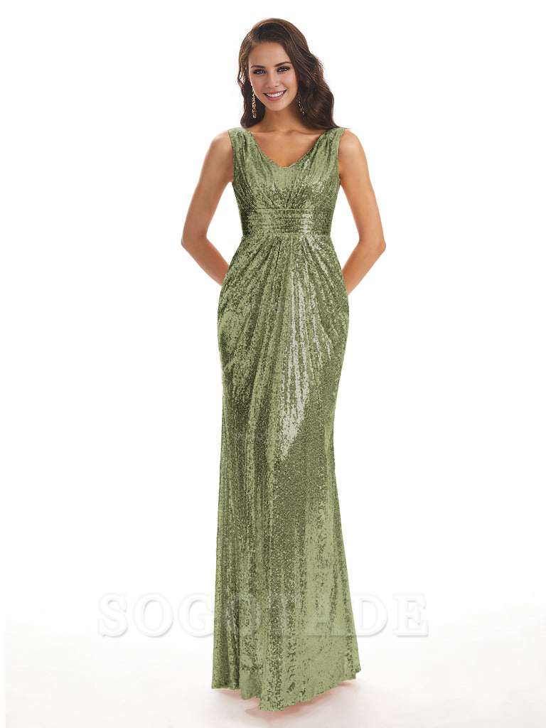 Sparkly V-Neck Sequin Long Mermaid Bridesmaid Dresses Sleeveless Charming Evening Party Dress