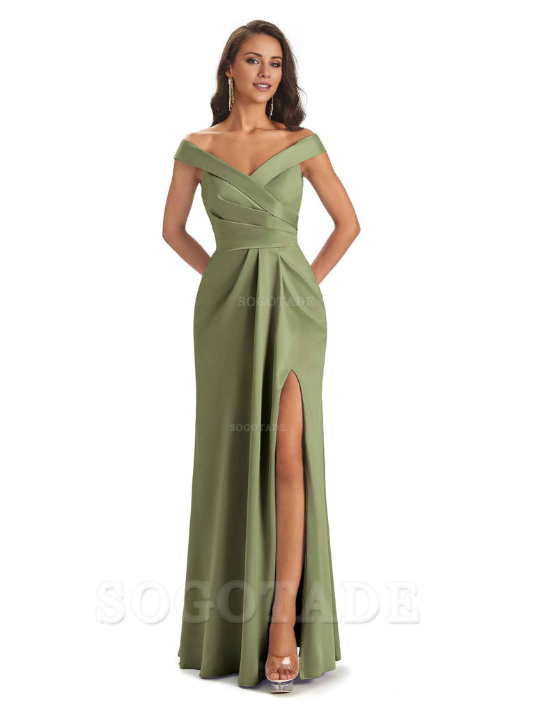 Sexy Soft Side Slit Off Shoulder V-Neck Long Satin Ladies Bridesmaid Dresses Elegant Evening Party Dress