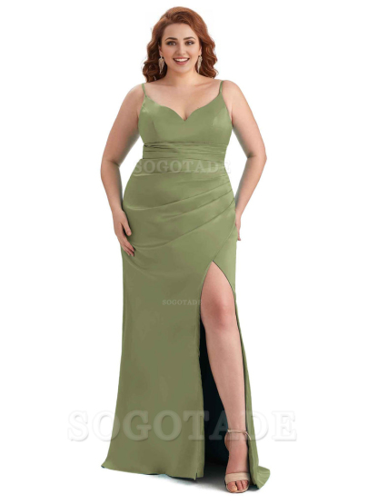 Sexy Side Slit Spaghetti Straps Mermaid Soft Satin Long Plus Size Maid of Honor Dresses