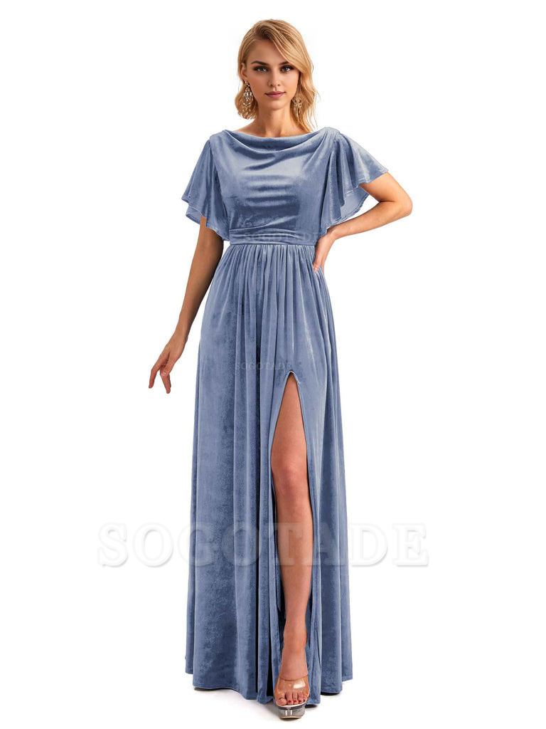 Elegant A-Line Jewel Bat Sleeves Velvet Side Slit Long Bridesmaid Dresses