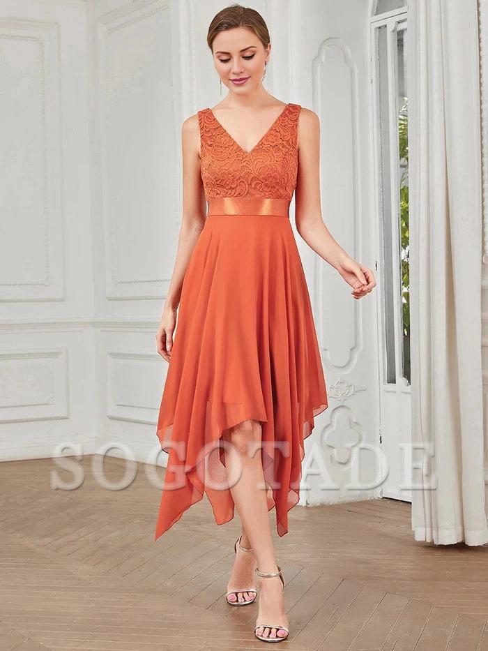 Double V-Neck Empire Waist Midi Asymmetrical Hem Lace Dresses