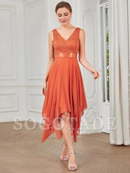Double V-Neck Empire Waist Midi Asymmetrical Hem Lace Dresses