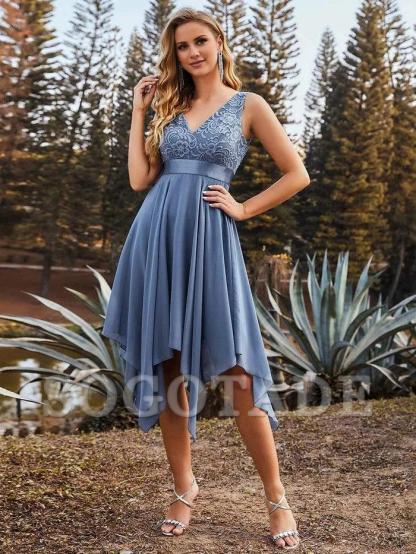 Double V-Neck Empire Waist Midi Asymmetrical Hem Lace Dresses