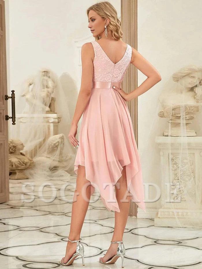 Double V-Neck Empire Waist Midi Asymmetrical Hem Lace Dresses