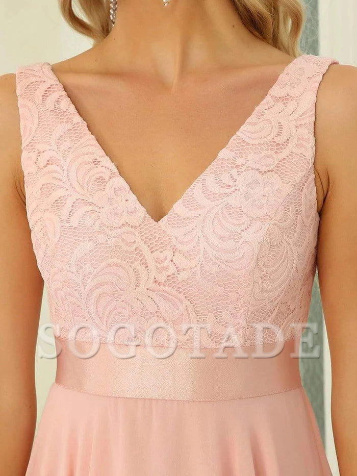 Double V-Neck Empire Waist Midi Asymmetrical Hem Lace Dresses