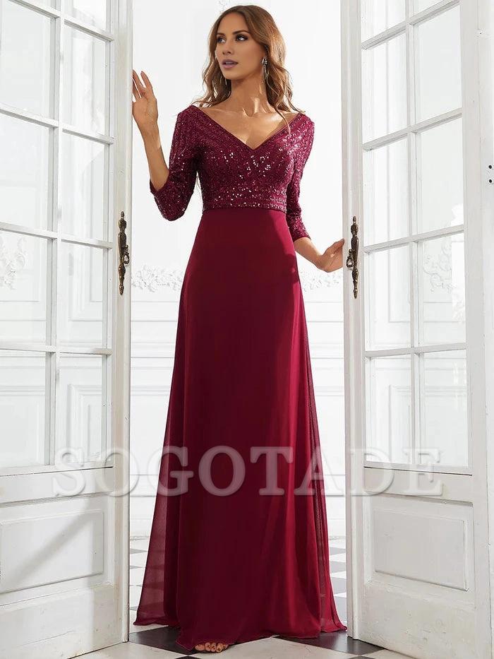 Sexy V Neck A-Line Sequin Evening Dresses with 3/4 Sleeve