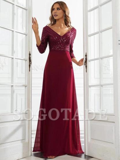 Sexy V Neck A-Line Sequin Evening Dresses with 3/4 Sleeve